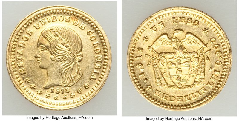 Republic gold Peso 1872 UNC, Medellin mint, KM157.1. 13.5mm. 1.68gm. 

HID098012...