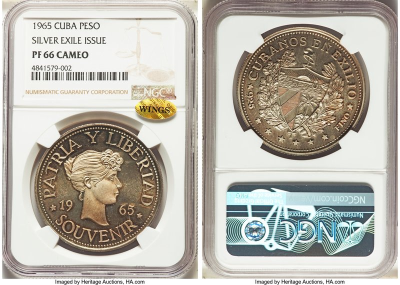 Exile Issue silver Proof Souvenir Peso 1965 PR66 Cameo NGC, KM-XM4. With gold "W...