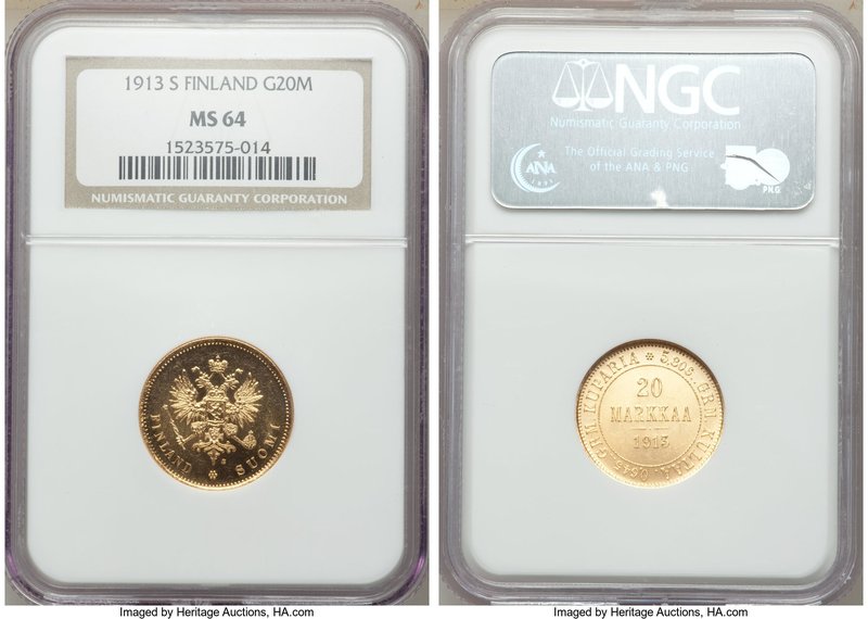 Russian Duchy. Nicholas II gold 20 Markkaa 1913-S MS64 NGC, Helsinki mint, KM9.2...