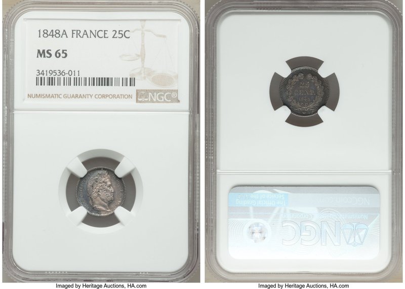 Republic 25 Centimes 1848-A MS65 NGC, Paris mint, KM755.1. Prooflike fields and ...