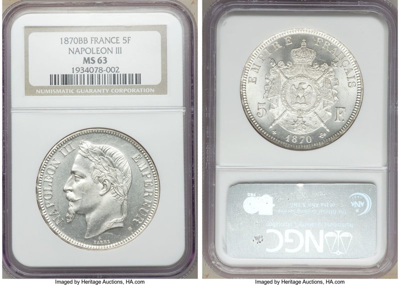 Napoleon III 5 Francs 1870-BB MS63 NGC, Strasbourg mint, KM799.2.

HID0980124201...