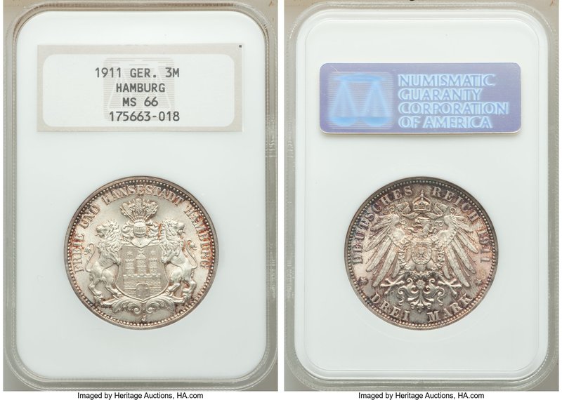 Hamburg. Free City 3 Mark 1911-J MS66 NGC, Hamburg mint, KM620, J-64. Brilliant ...