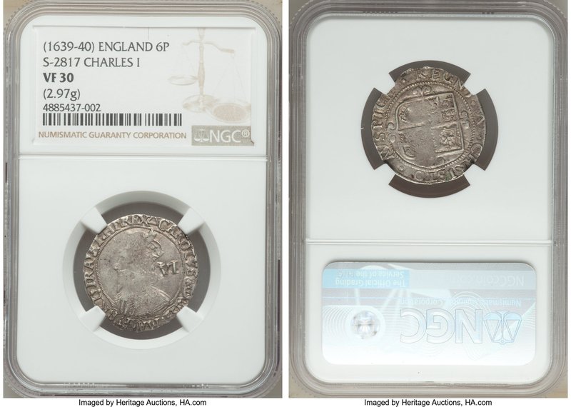Charles I 6 Pence ND (1639-1640) VF30 NGC, Tower mint, Triangle mm, KM97, S-2817...