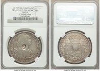 George III Counterstamped Dollar ND (1797-1799) VF25 NGC, KM634, ESC-129. Counterstamped on Mexican 8 Reales dated 1795 Mo-FM. 

HID09801242017