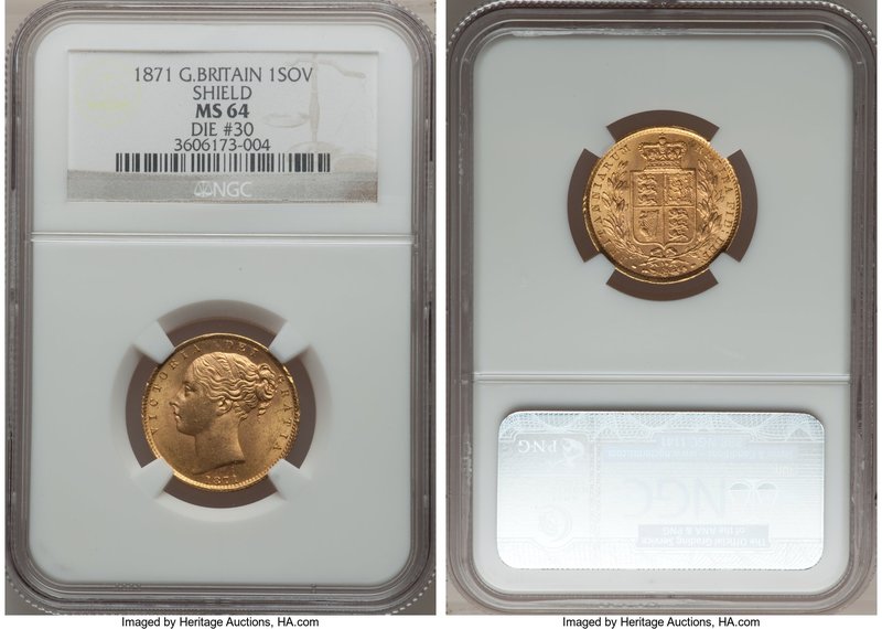 Victoria gold "Shield" Sovereign 1871 MS64 NGC, KM736.2. Die #30.

HID0980124201...