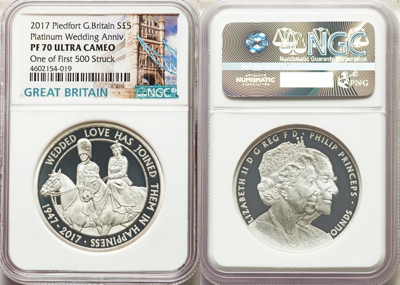 Elizabeth II silver Proof Piefort "Royal Wedding Anniversary" 5 Pounds 2017 PR70...