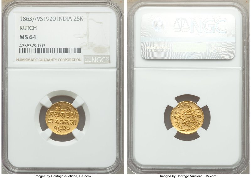 Kutch. Pragmalji II gold 25 Kori VS 1920 (1863) MS64 NGC, KM-Y17.1.

HID09801242...