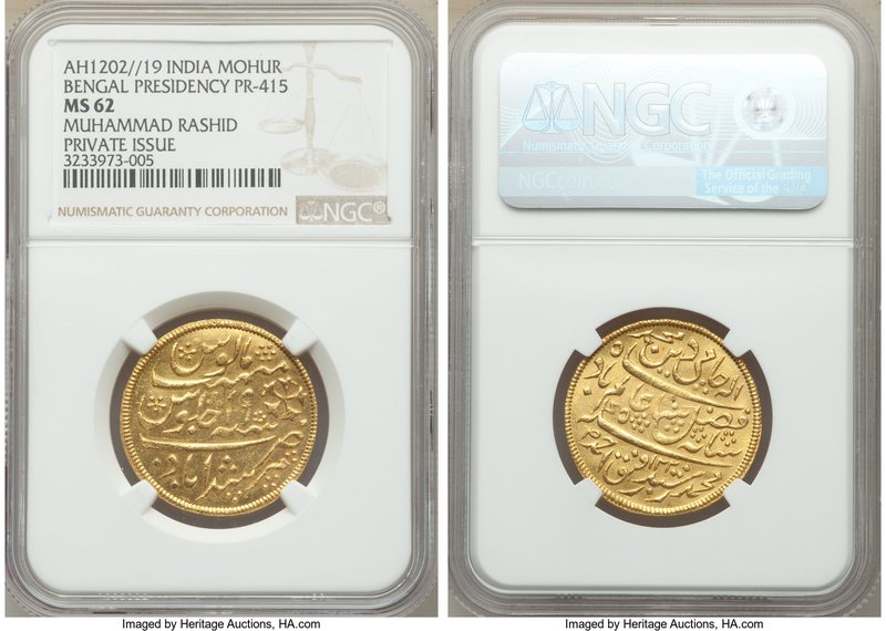 Muhammad Rashid Rafiq Ahmad gold Private Issue Mohur AH 1202 Year 19 MS62 NGC, P...