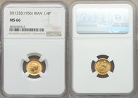 Muhammad Reza Pahlavi gold 1/4 Pahlavi SH 1335 (1956) MS66 NGC, KM1160. Premium for the grade with exquisite surfaces and a sharp strike.

HID09801242...