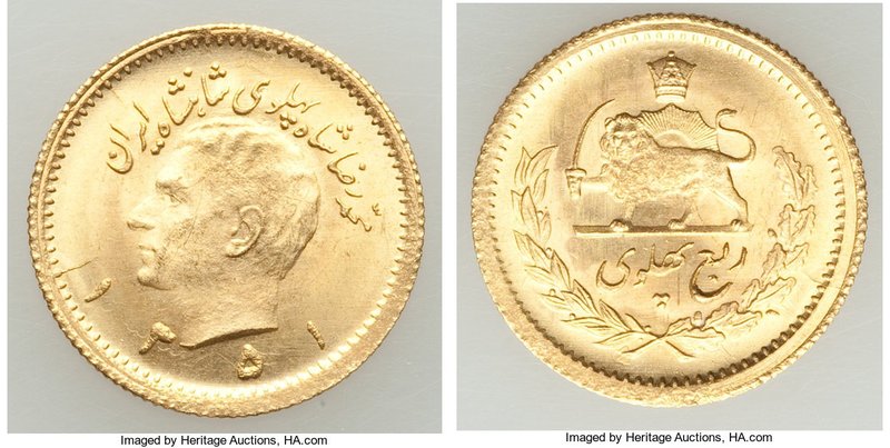 Muhammad Reza Pahlavi gold 1/4 Pahlavi SH 1351 (1972) UNC, KM1160a. Choice Uncir...