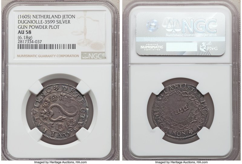"Gunpowder Plot" silver Jeton ND (1605) AU58 NGC, Dugniolle-3599. 6.18gm. Struck...