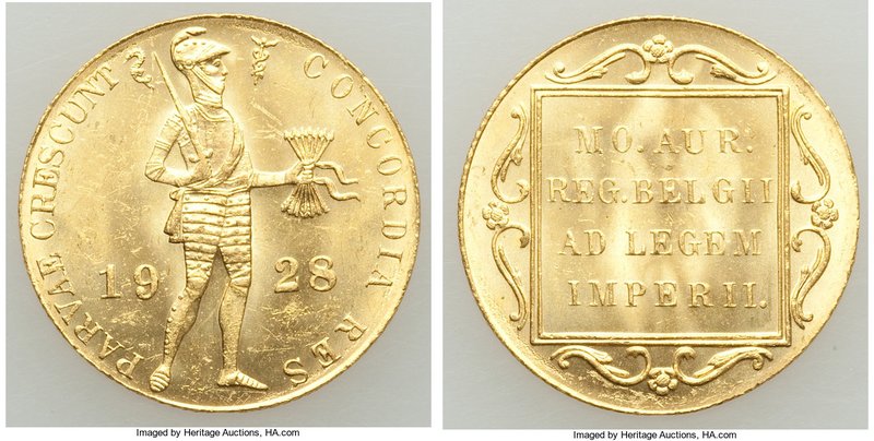 Wilhelmina gold Ducat 1928 UNC, KM83.1. 21mm. 3.49gm. Fully lustrous. AGW 0.1104...