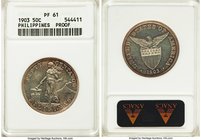 Pair of Certified USA Administration Proof 50 Centavos 1903 PR61 ANACS, KM167. 2,558 pieces minted in Proof. Slight hairlines are apparent. Sold as is...