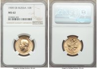 Nicholas II gold 10 Roubles 1909-ЭБ MS62 NGC, St. Petersburg mint, KM-Y64. Mintage: 50,000. 

HID09801242017