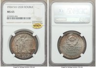USSR Rouble 1924-ПЛ MS65 NGC, Leningrad mint, KM-Y90.1. Light golden toning throughout with hints of blue along the edges with gold "WINGS" sticker.

...