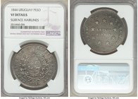 Republic "Montevideo Siege" Peso 1844 VF Details (Surface Hairlines) NGC, Montevideo mint, KM5. Coin alignment. Mintage: 15,000. Struck over two days ...