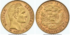 Republic gold 20 Bolivares 1911 AU58 NGC, KM-Y32. Die varieties exist in the placement of dot between date and Lei, Type 1 is evenly spaced, Type 2 ha...