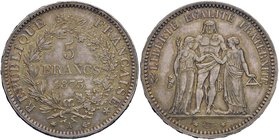 Francia. Terza Repubblica (1870-1940). Da 5 franchi 1873 (Parigi) AG. Gadoury 745. Bella patina di medagliere, migliore di SPL