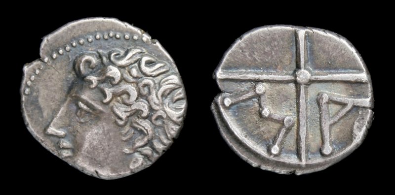 GAUL, Massalia, c. 200-120 BCE, AR obol. 0.60g, 9mm.
Obv: Bare head of Apollo l...
