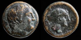 THESSALY, Phalanna, c. 350 BCE, AE 18 (dichalkon or trichalkon). 6.53g, 17.5mm.
Obv: Head of Ares right, A to left .
Rev: ΦΑΛΑΝΝΑΙΩΝ, head of nymph ...