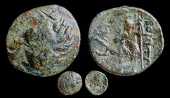 BOEOTIA, Federal coinage, c. 220s BCE under Antigonos III Doson, AE18. Overstruck on Antigonos Gonatas, 277-239 BCE. 2.74g, 17mm.
Obv: Head of Demete...