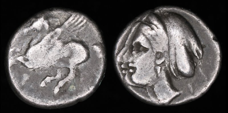 CORINTHIA, Corinth, c. 350-300 BCE, AR drachm. 2.55g, 13mm.
Obv: Pegasos flying...