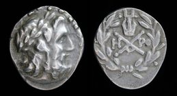 ACHAIA, Achaian League, Megara, c. 175-168 BCE, AR triobol or hemidrachm. 2.09g, 15mm. 
Obv: Laureate head of Zeus right
Rev: Monogram of the Achaia...