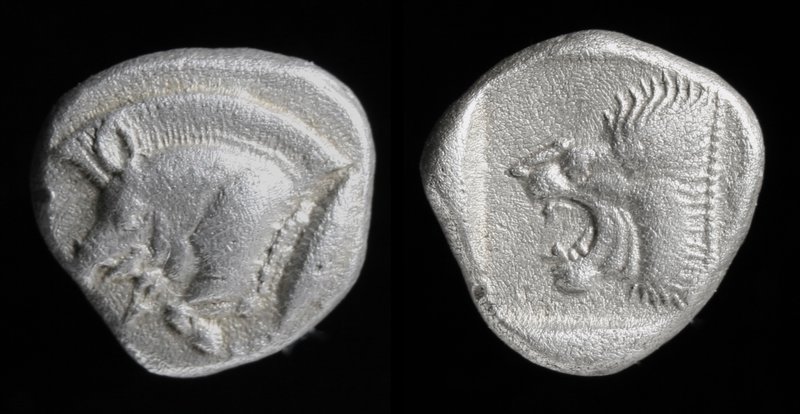 MYSIA, Kyzikos, c. 5th century BCE, AR diobol or trihemiobol. 1.25g, 10mm.
Obv:...
