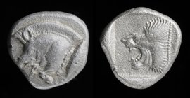 MYSIA, Kyzikos, c. 5th century BCE, AR diobol or trihemiobol. 1.25g, 10mm.
Obv: Forepart of boar left, with tunny on right
Rev: Lion’s head left, ja...