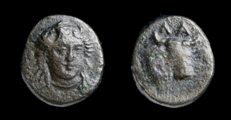 AEOLIS, Larissa Phrikonis, (4th century BCE), AE11. 1.28g, 11mm.
Obv: Horned he...