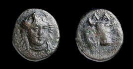 AEOLIS, Larissa Phrikonis, (4th century BCE), AE11. 1.28g, 11mm.
Obv: Horned head of river god facing slightly right.
Rev: ΛΑ; Head and neck of bull...