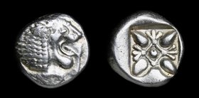 IONIA, Miletos, late 6th-early 5th century BCE, AR obol. 1.21g, 9mm.
Obv: Forepart of lion left, head right
Rev: Stellate and floral design within i...