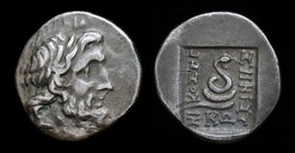 ISLANDS off CARIA, Kos, c.180/70 BCE, AR tetrobol, issued under Nikostr– and Deinias, magistrates. 1.92g, 15mm. 
Obv: Laureate head of Asklepios righ...