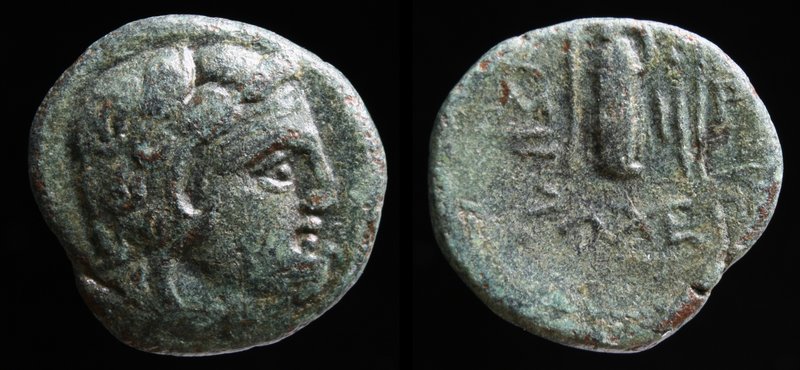 THRACIAN CHERSONESOS, Lysimacheia, 309-220 BCE. 3.53g, 17mm.
Obv: Head of Herak...