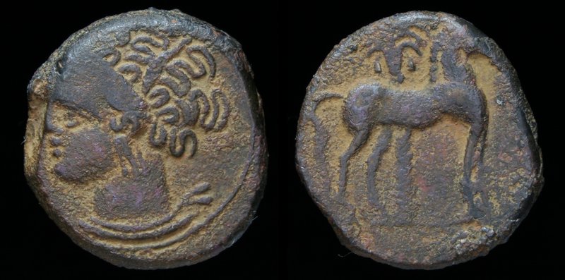 CARTHAGE, c. 400-350 BCE, AE Unit/shekel. 3.53g, 16mm.
Obv: Head of Tanit left,...