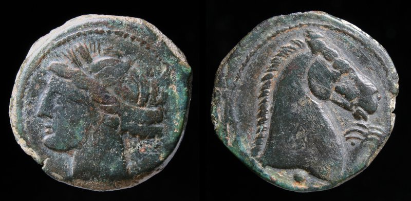 CARTHAGE, c. 300-264 BCE, AE20/shekel. Sardinia, 4.80g, 20mm.
Obv: Head of Tani...