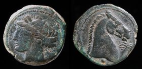 CARTHAGE, c. 300-264 BCE, AE20/shekel. Sardinia, 4.80g, 20mm.
Obv: Head of Tanit left, wreathed in grain, wearing triple pendant earring and necklace...