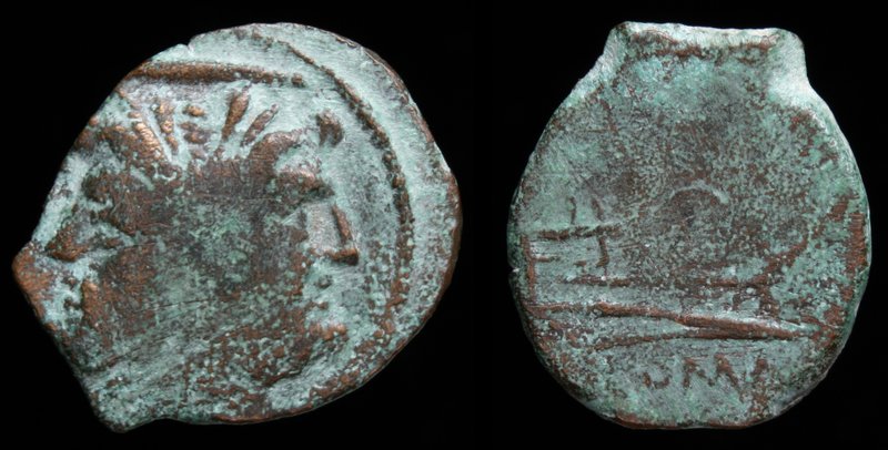 Anonymous AE Reduced As, c. 211-200 BCE. Apulia, 2.35g, 16mm.
Obv: Laureate hea...