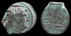 Anonymous AE Reduced As, c. 211-200 BCE. Apulia, 2.35g, 16mm.
Obv: Laureate head of Janus, mark of value below, two pellets above
Rev: Prow right, m...