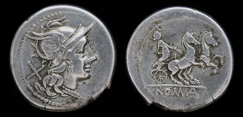 Anonymous AR denarius, issued 179-170 BCE. Rome, 3.80g, 20mm.
Obv: Helmeted hea...