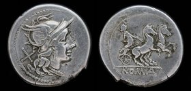 Anonymous AR denarius, issued 179-170 BCE. Rome, 3.80g, 20mm.
Obv: Helmeted head of Roma right; X (mark of value) to left
Rev: Luna (or Diana?) driv...