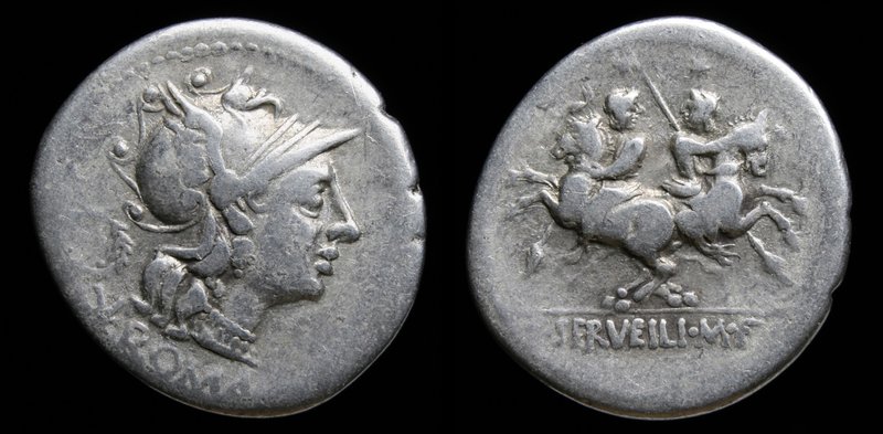 C. Servilius M.f, 136 BCE, AR denarius. Rome, 3.73g, 20mm. 
Obv: Head of Roma t...