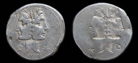 Brockage of C. Fonteius, 114-113 BCE, AR denarius. Rome, 3.87g, 20mm. 
Obv: Janiform head of the Dioscuri; V to left, denomination mark to right
Rev...