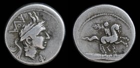 L. Philippus, AR denarius, issued 113-112 BCE. Rome, 3.85g, 19mm.
Obv: Head of Philip V of Macedon right, wearing helmet decorated with goats' horns...