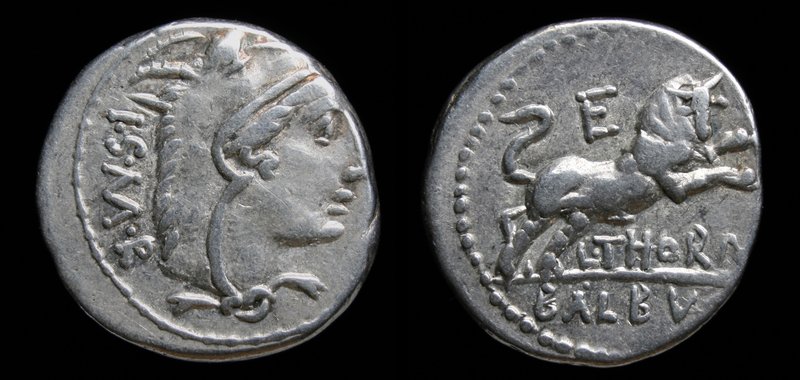 L. Thorius Balbus, 105 BCE, AR denarius. Rome, 3.91g, 18mm. 
Obv: Head of Juno ...