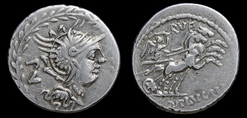 M. Lucilius Rufus, 101 BCE, AR denarius. Rome, 3.93g, 20mm.
Obv: PV; Head of Ro...