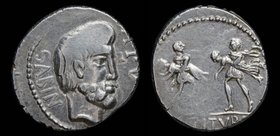 L. Titurius L.f. Sabinus, 89 BCE, AR denarius. Rome, 3.87g, 17mm. 
Obv: SABIN A•PV; Bareheaded and bearded head right of the Sabine king Tatius; [pal...