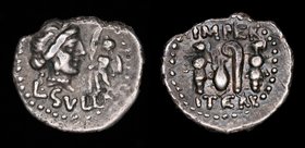 Lucius Cornelius Sulla, AR denarius, issued 84-83 BCE. Asia or Greece (mint moving with Sulla), 3.45g, 19mm.
Obv: L. SVLLA, Diademed head of Venus ri...