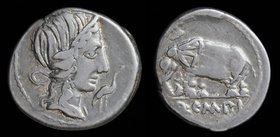 Q. Caecilius Metellus Pius, AR denarius, issued 81 BCE. Northern Italian mint, 3.55g, 17mm.
Obv: Diademed head of Pietas right; to right, stork stand...