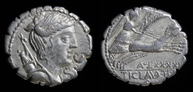 Ti. Claudius Ti.f. Ap.n. Nero, AR denarius, issued 79 BCE. Rome, 3.95g, 18mm. 
Obv: Diademed and draped bust of Diana to right; over her shoulder, qu...